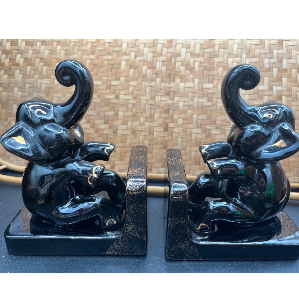 Vintage Redware Elephant Bookends Black & Gold Ceramic Figurines Good Luck‎